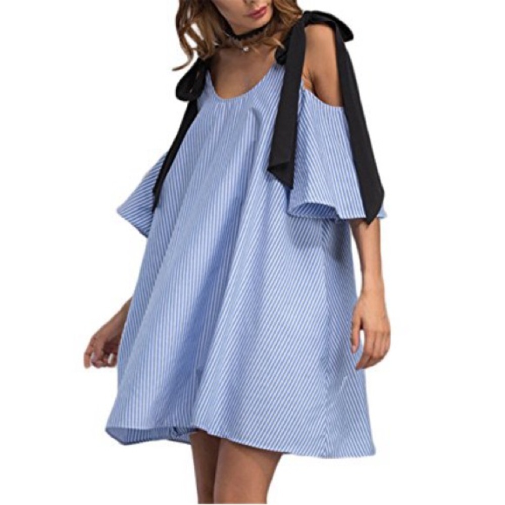 English Factory Blue and Black Cold-Shoulder Stripe Dress